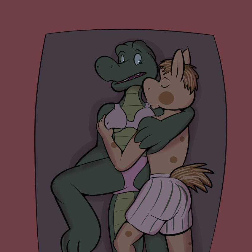 alligator alligatorid angie_(study_partners) anthro blonde_hair bra breast_play breasts clothed clothing crocodilian duo equid equine eyes_closed female fur green_body green_scales hair horse kissing lying male male/female mammal on_back panties reptile scales scalie study_partners teenager thunderouserections topless underwear woody_(study_partners) yellow_body yellow_fur young