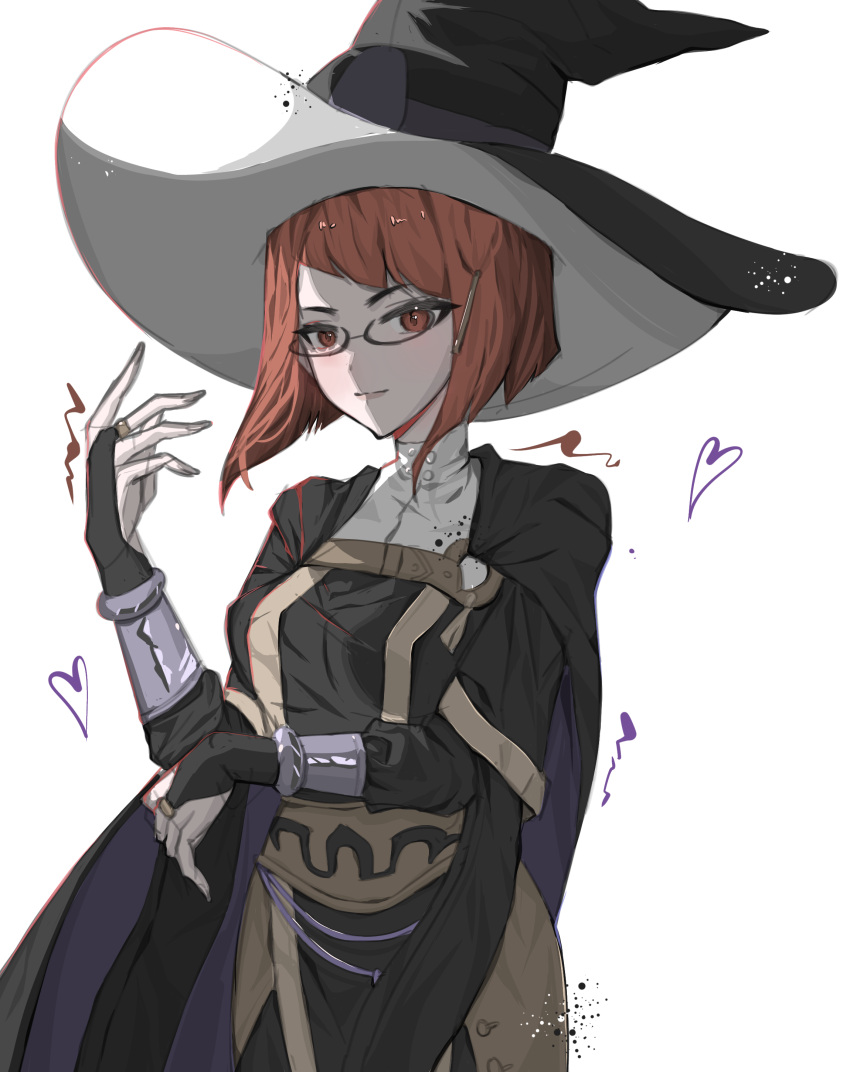 absurdres arms_up asymmetrical_bangs bangs bracelet breasts cape closed_mouth commission commissioner_upload fire_emblem fire_emblem_awakening glasses hat heart highres jewelry large_breasts leather looking_at_viewer mariirasuto7 miriel_(fire_emblem) non-web_source red_eyes red_hair solo turtleneck upper_body witch_hat