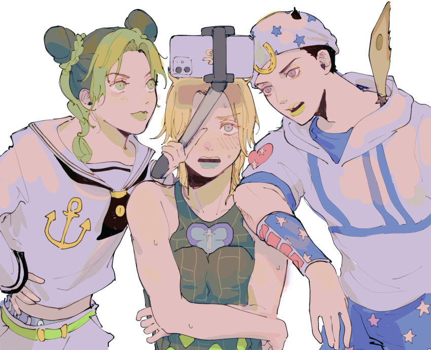 1girl 2boys black_hair blonde_hair blush cellphone cosplay costume_switch crossdressing double_bun green_hair hair_bun higashikata_josuke_(jojolion) highres horseshoe inanashil johnny_joestar jojo_no_kimyou_na_bouken jojolion kujo_jolyne multiple_boys phone selfie selfie_stick steel_ball_run stone_ocean white_background