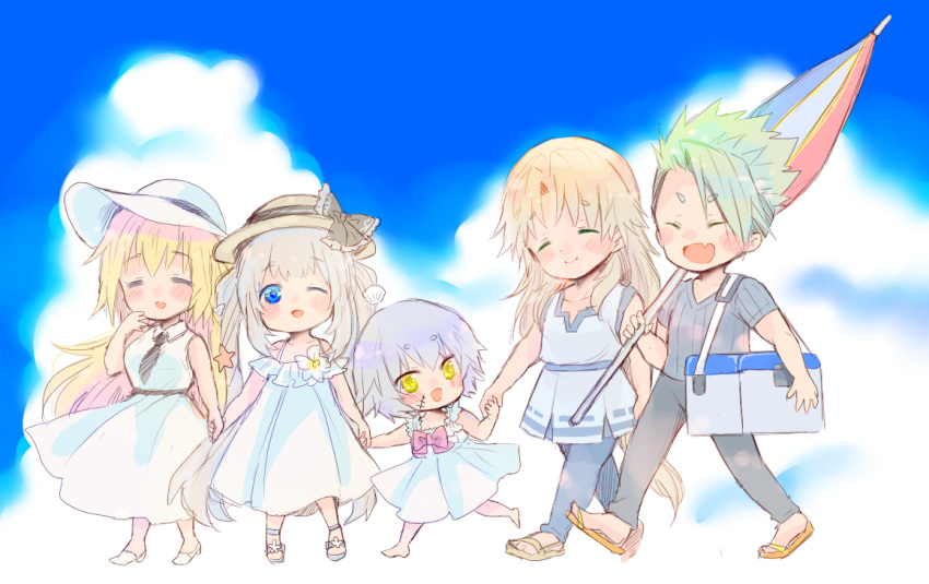 2boys 3girls :d =_= ^_^ achilles_(fate) ayako_(nekomomo) barefoot black_necktie black_pants blonde_hair blue_eyes blue_pants blue_sky blue_tunic blush bow bowtie chibi chiron_(fate) closed_eyes closed_umbrella cloud cooler curtained_hair dress fang fate/grand_order fate_(series) flip-flops full_body green_hair grey_hair grey_shirt hair_between_eyes hand_to_own_mouth happy hat hat_bow holding holding_hands holding_umbrella horse_tail jack_the_ripper_(fate/apocrypha) jeanne_d'arc_(fate) long_hair looking_at_another looking_at_viewer marie_antoinette_(fate) marie_antoinette_(swimsuit_caster)_(second_ascension)_(fate) multiple_boys multiple_girls necktie off-shoulder_dress off_shoulder one_eye_closed pants parasol pink_bow pink_bowtie sandals shirt short_hair short_sleeves skin_fang sky sleeveless sleeveless_dress smile stitches sun_hat tail twintails umbrella v-neck walking white_dress white_hair white_headwear yellow_eyes