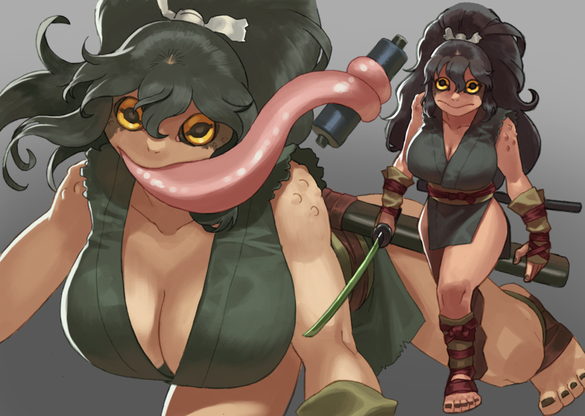 :&gt; amphibian amphibian_humanoid animal_humanoid asian_clothing big_breasts black_hair breasts cleavage clothed clothing east_asian_clothing female frog frog_humanoid hair humanoid japanese_clothing japanese_text long_hair long_tongue melee_weapon narisokonai ninja ponytail solo sword text tongue warrior weapon