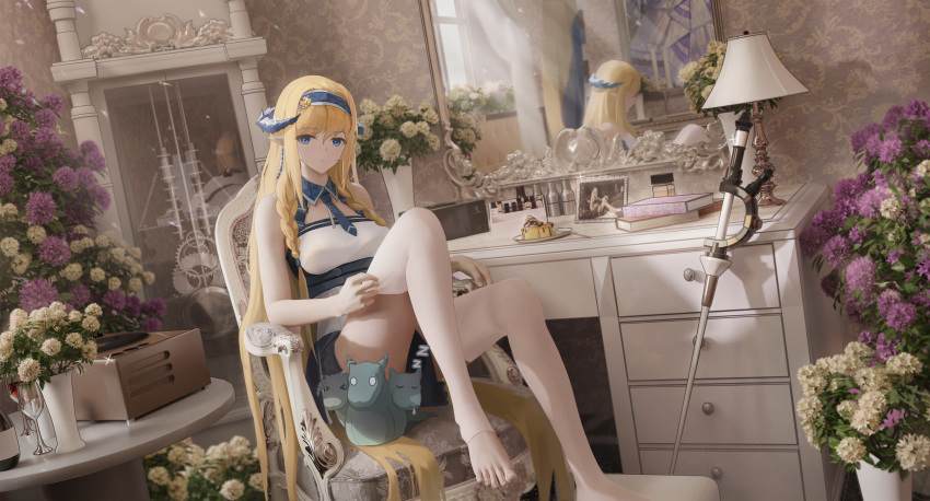 1girl absurdly_long_hair absurdres arknights barefoot black_skirt blonde_hair blue_eyes blue_hairband braid cameo chair clock cup desk dragon_horns drinking_glass dutch_angle earrings flower food fork grandfather_clock hair_between_eyes hairband highres horns indoors jewelry knee_up lamp lampshade ling_dianxia long_hair looking_at_viewer mirror mudrock_(arknights) mudrock_(silent_night)_(arknights) phonograph picture_(object) picture_frame pink_flower plate pointy_ears pudding saileach_(arknights) shirt side_braids sitting skirt sleeveless sleeveless_shirt solo thighhighs toeless_legwear vase very_long_hair wallpaper_(object) white_flower white_legwear white_shirt wine_glass zzz