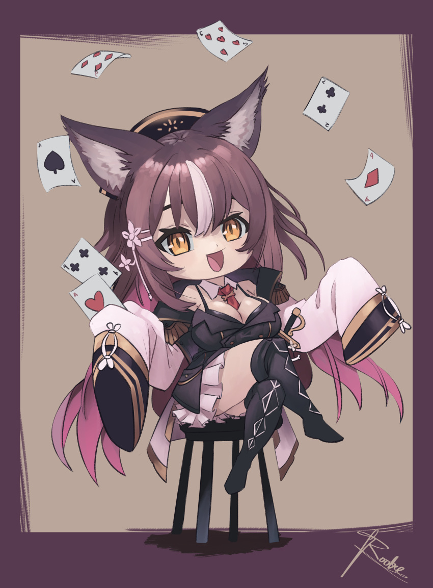 1girl absurdres animal_ears between_breasts black_footwear black_vest boots breasts brown_eyes brown_hair card chibi chisaka_airi cleavage eyebrows_visible_through_hat gradient_hair highres jacket large_breasts multicolored_hair necktie phase_connect pink_hair playing_card red_necktie roober second-party_source sitting sleeves_past_wrists solo thigh_boots vest virtual_youtuber white_jacket wolf_ears
