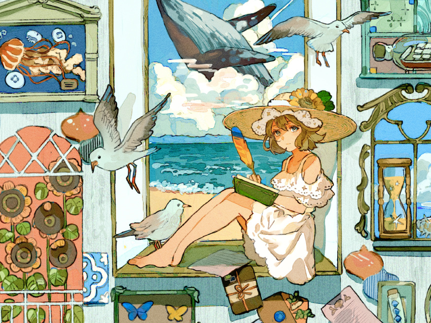 1girl absurdres animal bangs bare_shoulders barefoot bird blue_eyes blue_sky book brown_hair brown_headwear closed_mouth cloud cloudy_sky commentary_request day dress eyebrows_behind_hair flower hair_between_eyes hat hat_flower highres horizon hourglass indoors knees_up looking_at_viewer ocean off-shoulder_dress off_shoulder open_book original qooo003 quill sitting_in_window sky solo summer water whale white_dress yellow_flower