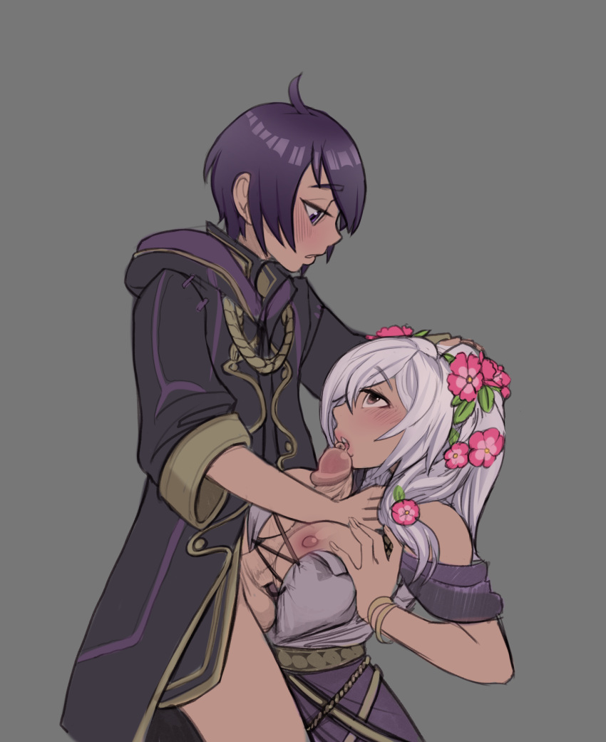 1boy 1girl age_difference alternate_costume bangs bare_shoulders blush bracelet breast_hold breasts brown_eyes clariarikari cleavage cloak clothed_sex commission commissioner_upload dress eyebrows_behind_hair fellatio fire_emblem fire_emblem_awakening fire_emblem_heroes flower hair_flower hair_ornament hand_on_another's_chest hand_on_another's_head highres incest jewelry kneeling large_breasts licking licking_penis looking_at_another morgan_(fire_emblem) morgan_(fire_emblem)_(male) mother_and_son nipple_slip nipples official_alternate_costume open_clothes open_mouth oral paizuri paizuri_under_clothes penis pink_flower purple_eyes purple_hair robin_(fire_emblem) robin_(fire_emblem)_(female) sex twintails white_dress white_hair wristband