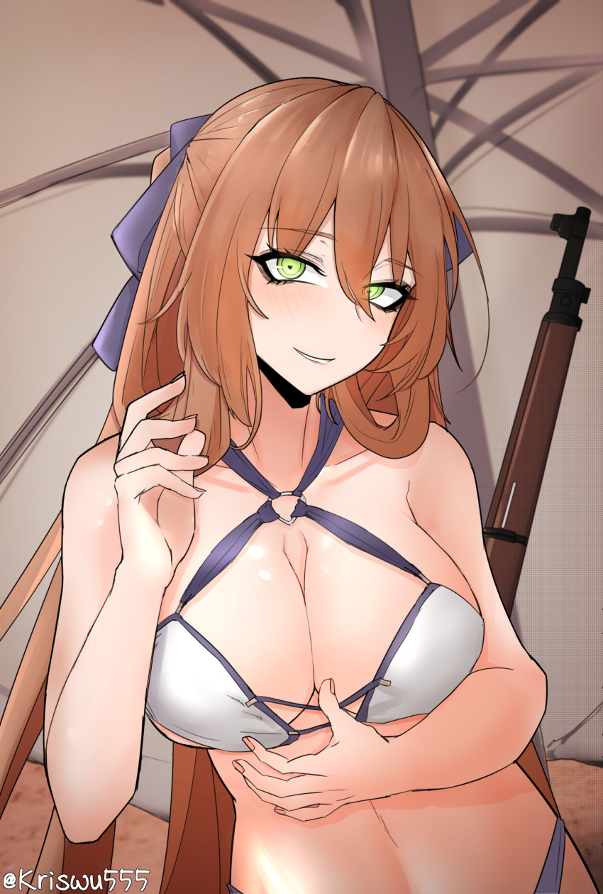 1girl artist_name bikini breasts brown_hair cleavage girls'_frontline green_eyes gun hair_between_eyes hair_ribbon hair_rings hat highres large_breasts long_hair loveya1224 m1903_springfield o-ring o-ring_bikini official_alternate_costume parasol ribbon rifle sidelocks springfield_(girls'_frontline) springfield_(stirring_mermaid)_(girls'_frontline) sun_hat swimsuit umbrella weapon white_bikini