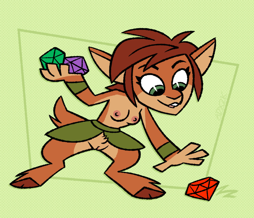 2022 activision anthro artdexo2000 breasts brown_body brown_fur brown_hair casual_exposure cervid clothed clothing crotch_tuft elora faun_(spyro) female front_view full-length_portrait fur gem genitals green_eyes hair hi_res hooves mammal nipples partially_clothed portrait pussy solo spyro_the_dragon toony topless topless_anthro topless_female tuft video_games