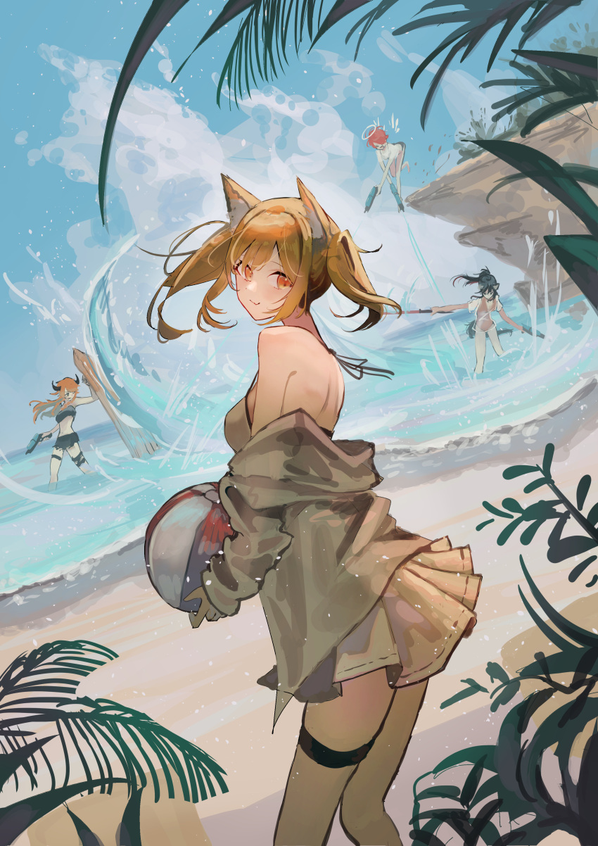 4girls absurdres animal_ears arknights ball beach beachball bikini black_bandeau black_bikini black_hair black_skirt blonde_hair blue_sky blush casual_one-piece_swimsuit cliff cow_horns croissant_(arknights) croissant_(seeker)_(arknights) detached_wings dual_wielding dutch_angle energy_wings exusiai_(arknights) halo highres holding holding_ball holding_beachball holding_sword holding_weapon horns jacket leaf long_hair looking_at_viewer multicolored_hair multiple_girls natsuba002 no_tail off_shoulder official_alternate_costume one-piece_swimsuit orange_eyes orange_hair outdoors ponytail red_hair red_swimsuit shield short_hair skirt sky smile solo_focus sora_(arknights) sora_(summer_flowers)_(arknights) streaked_hair swimsuit sword texas_(arknights) thigh_strap twintails water_gun weapon white_bikini white_jacket wings wolf_ears wolf_girl