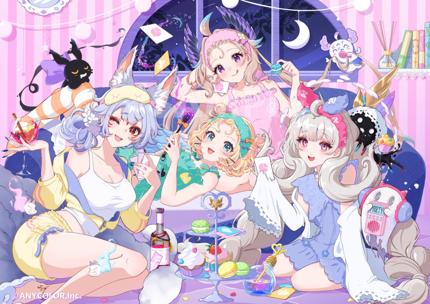 3others 4girls :3 absurdly_long_hair ahoge aloupeep_(enna_alouette) animal_ears bangs bird_girl black_cat blonde_hair blue_hair blue_nails blush bob_cut book breasts camisole cat cleavage copyright_name couch dress enna_alouette envelope ethyria extra_ears eyeshadow facial_mark fang forehead_mark fox_ears fox_girl green_eyes green_shirt green_shorts grey_hair hair_ornament hairclip head_wings headband highres large_breasts logo long_hair long_sleeves looking_at_viewer low_twintails lucie_(millie_parfait) lying_on_lap makeup mature_female medium_hair midriff millie_parfait mole mole_under_eye moon mugimugigo multicolored_clothes multicolored_hair multicolored_legwear multiple_girls multiple_others multiple_tails nail_polish night night_sky nijisanji nijisanji_en nina_kosaka official_art one_eye_closed open_mouth orange_legwear pajamas pink_shirt ponytail poppi_(reimu_endou) purple_dress purple_eyes purple_footwear purple_wings red_eyeliner red_eyes red_eyeshadow reimu_endou scrunchie shirt short_eyebrows short_hair shorts sitting sky sleeveless sleeves_past_fingers sleeves_past_wrists slippers smile striped striped_legwear sweater tail thighhighs tongue tongue_out twintails very_long_hair virtual_youtuber white_camisole white_legwear white_scrunchie window wings yellow_shorts yellow_sweater yokozuwari