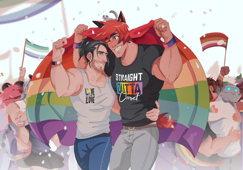 2boys animal_ears bara belt biceps black_hair blush bracelet confetti couple fang flag hand_on_another's_waist highres jewelry large_pectorals league_of_legends leather_belt lgbt_pride looking_at_another lou_host multiple_boys muscular muscular_male one_eye_closed pants pectorals ponytail rainbow_flag red_hair sett_(league_of_legends) shirt size_difference smile spiked_hair sylas_(league_of_legends) t-shirt tail tank_top teeth thick_arms thick_eyebrows thick_thighs thighs tight
