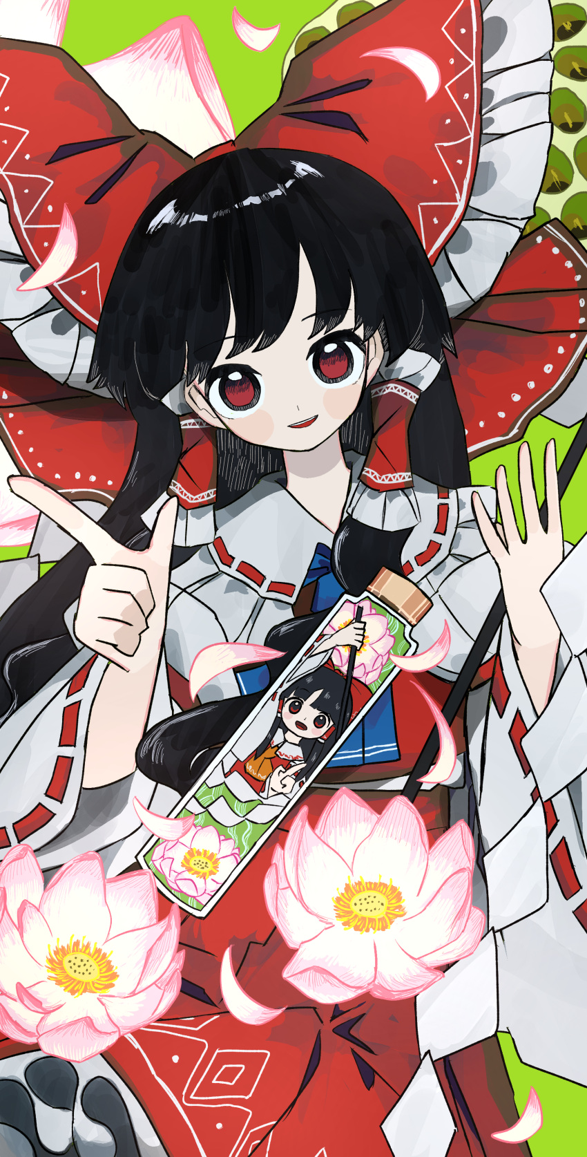 1girl absurdres black_hair blush_stickers bow commentary flower frilled_bow frilled_hair_tubes frilled_skirt frills hair_bow hair_tubes hakurei_reimu hands_up highres long_hair looking_at_viewer lotus lotus_pedestal neruzou parted_lips petals pink_flower red_bow red_eyes red_skirt red_vest ribbon-trimmed_sleeves ribbon_trim skirt skirt_set smile solo teeth touhou upper_teeth vest vial white_sleeves wide_sleeves