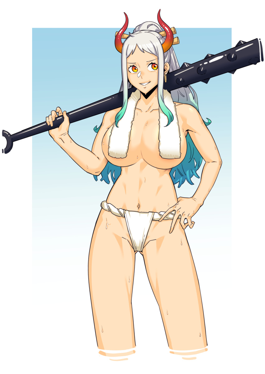 1girl absurdres breasts club_(weapon) collarbone convenient_censoring cowboy_shot dyun fundoshi gradient gradient_background gun hand_on_hip highres holding holding_gun holding_weapon horns japanese_clothes kanabou large_breasts long_hair looking_at_viewer multicolored_hair navel one_piece oni orange_eyes over_shoulder smile solo spiked_club standing stomach topless towel towel_around_neck two-tone_hair weapon weapon_over_shoulder wet white_hair yamato_(one_piece)