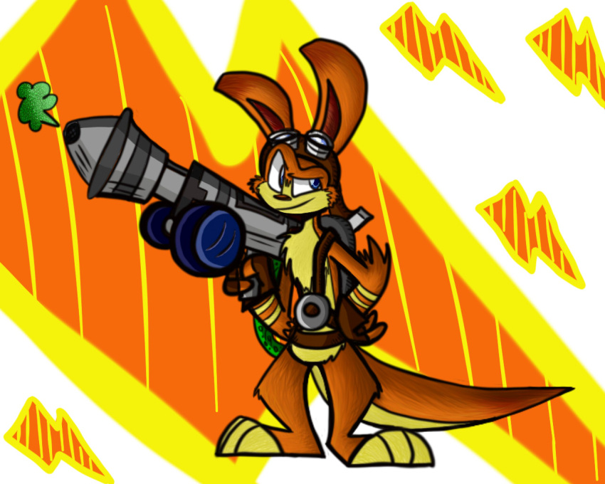 5:4 abstract_background anthro blue_eyes confident daxter digital_media_(artwork) eyewear feral fur goggles huntertallonian jak_and_daxter male mammal mustelid naughty_dog orange_body orange_fur ottsel paws pose semi-anthro smile solo sony_corporation sony_interactive_entertainment video_games weapon