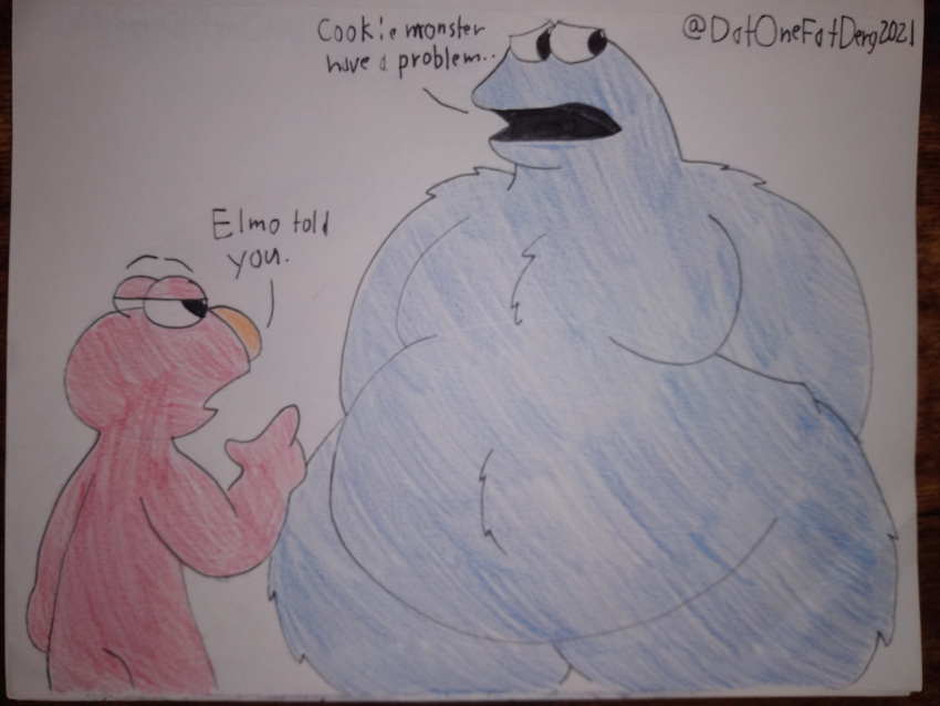 2021 belly belly_tuft big_belly big_butt blue_body blue_fur butt chest_tuft cookie_monster dialogue duo elmo english_text frown fur furredarties2020 half-closed_eyes hand_on_butt looking_down looking_up male monster muppet muppets narrowed_eyes open_mouth overweight overweight_male red_body red_fur sesame_street simple_background size_difference text thick_thighs traditional_media_(artwork) tuft unamused wide_hips