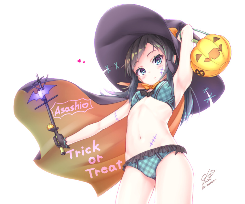 1girl asashio_(kancolle) bat bikini black_cape black_hair blue_eyes blush bodypaint bow cape cowboy_shot food-themed_hair_ornament frills gotou_hisashi hair_ornament halloween halloween_bucket halloween_costume hat highres jack-o'-lantern kantai_collection long_hair looking_at_viewer navel plaid plaid_bikini pumpkin pumpkin_hair_ornament pumpkin_hat signature simple_background solo swimsuit trick_or_treat white_background witch_hat