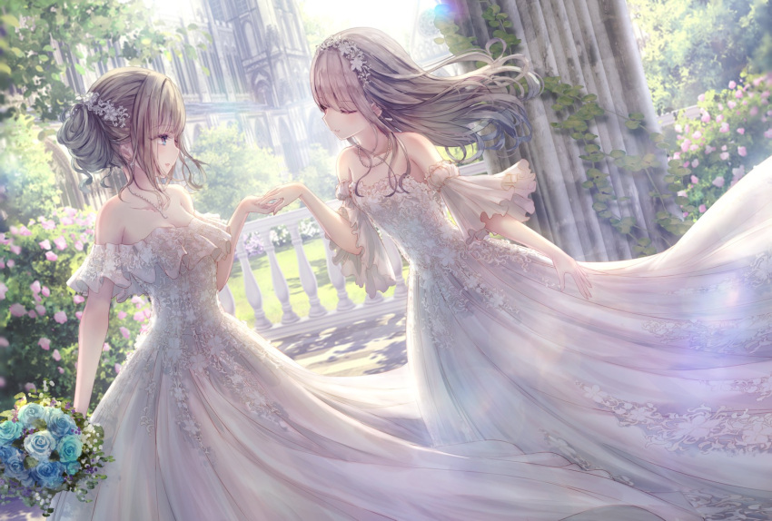 2girls bare_shoulders blue_eyes blue_flower blue_rose bouquet breasts cathedral cleavage closed_eyes closed_mouth commentary_request day detached_sleeves dress facing_another flower grey_hair highres holding holding_bouquet holding_hands long_hair looking_at_another missile228 multiple_girls off-shoulder_dress off_shoulder original parted_lips pink_flower puffy_short_sleeves puffy_sleeves rose short_sleeves small_breasts strapless strapless_dress white_dress white_flower white_rose white_sleeves wide_sleeves