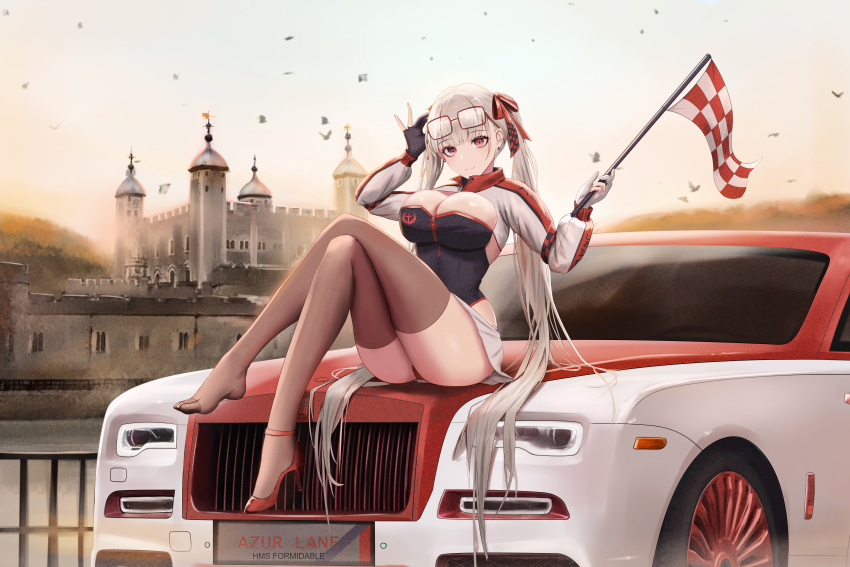 1girl absurdres alternate_costume azur_lane bow car checkered_flag crossed_legs eyewear_on_head flag formidable_(azur_lane) glasses gloves ground_vehicle hair_bow hair_ribbon high_heels highres kcar66t leotard leotard_under_clothes london long_hair looking_at_viewer miniskirt motor_vehicle product_placement race_queen real_world_location ribbon rolls-royce rolls-royce_wraith shoes shrug_(clothing) single_shoe sitting skirt thighhighs tower_of_london twintails