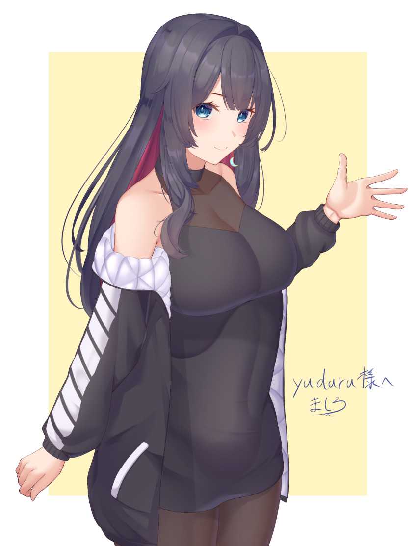 1girl absurdres bangs bare_shoulders black_hair black_jacket black_legwear blue_eyes blush breasts closed_mouth commentary_request hand_up highres jacket large_breasts long_hair long_sleeves looking_at_viewer mashiro03 off_shoulder original pantyhose simple_background smile solo yellow_background