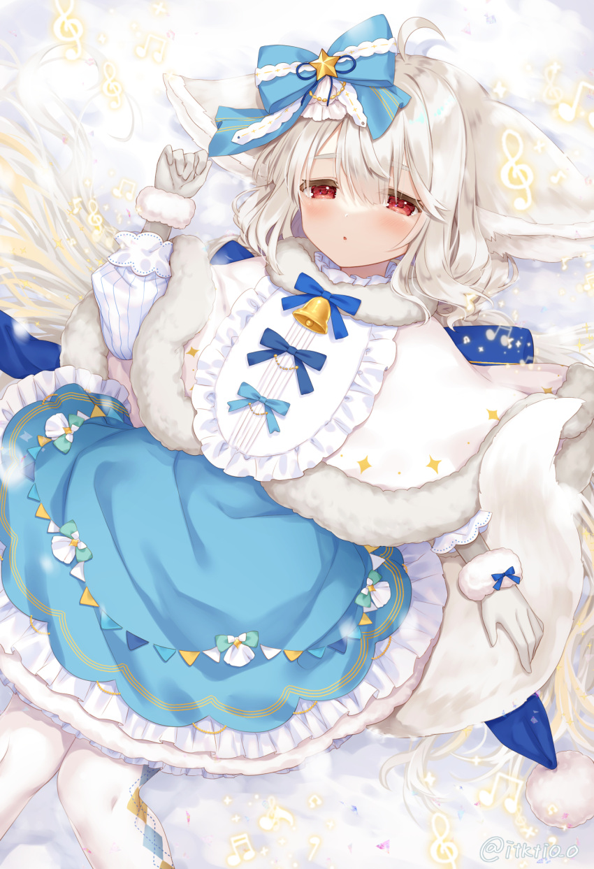 1girl :o ahoge animal_ears argyle argyle_legwear bangs bell blue_bow blue_dress blue_ribbon blush bow capelet commentary_request commission dress dutch_angle ears_down elbow_gloves fox_ears fox_girl fox_tail frilled_skirt frills from_above fur-trimmed_capelet fur-trimmed_skirt fur_collar fur_trim gloves grey_gloves grey_hair hair_between_eyes hair_bow half-closed_eyes hand_up head_tilt highres itsuki_jun large_ears long_hair long_sleeves looking_at_viewer lying musical_note on_back original pennant pom_pom_(clothes) red_eyes ribbon sakurada_shiro scrunchie shiny shiny_hair skeb_commission skirt solo sparkle star_(symbol) tail thighhighs twitter_username very_long_hair white_capelet white_legwear wrist_scrunchie