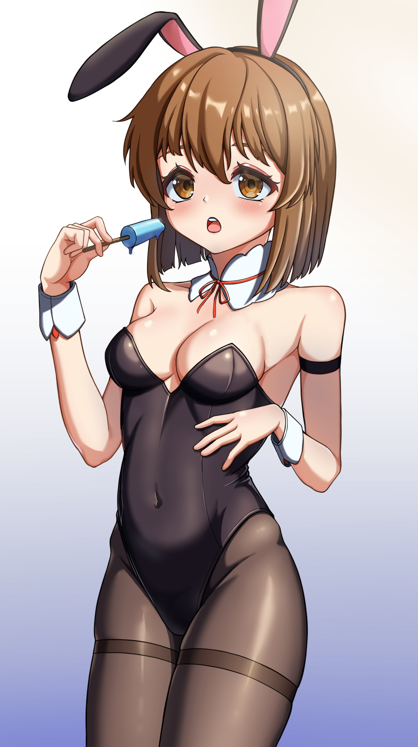 1girl absurdres animal_ears black_legwear black_leotard blue_background bob_cut breasts brown_eyes brown_hair detached_collar food gradient gradient_background hagiwara_yukiho highres idolmaster idolmaster_million_live! leotard medium_breasts meruchi neck_ribbon open_mouth pantyhose playboy_bunny popsicle rabbit_ears ribbon round_teeth short_hair solo standing teeth thighband_pantyhose upper_teeth white_background wrist_cuffs