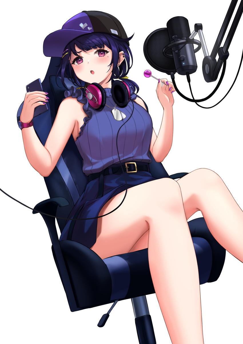 1girl :o absurdres bangs bare_arms bare_shoulders baseball_cap belt belt_buckle black_belt black_headwear blue_hair blue_shirt blue_skirt blush breasts buckle cable candy cellphone chair commentary_request dog_tags dutch_angle ear_piercing earrings food frilled_shirt frills hair_ornament hair_ribbon hairclip hat head_tilt headphones headphones_around_neck high-waist_skirt highres holding holding_candy holding_food holding_phone jewelry legs lollipop looking_at_viewer low_twintails medium_breasts medium_hair microphone mole mole_under_eye nail_polish original phone piercing purple_eyes purple_headwear purple_nails ribbon shiny shiny_hair shirt sidelocks simple_background sitting skirt sleeveless sleeveless_shirt smartphone solo striped striped_shirt stud_earrings studio_microphone swept_bangs twintails vertical-striped_shirt vertical_stripes watch white_background wristwatch yatumeshinoa yellow_ribbon