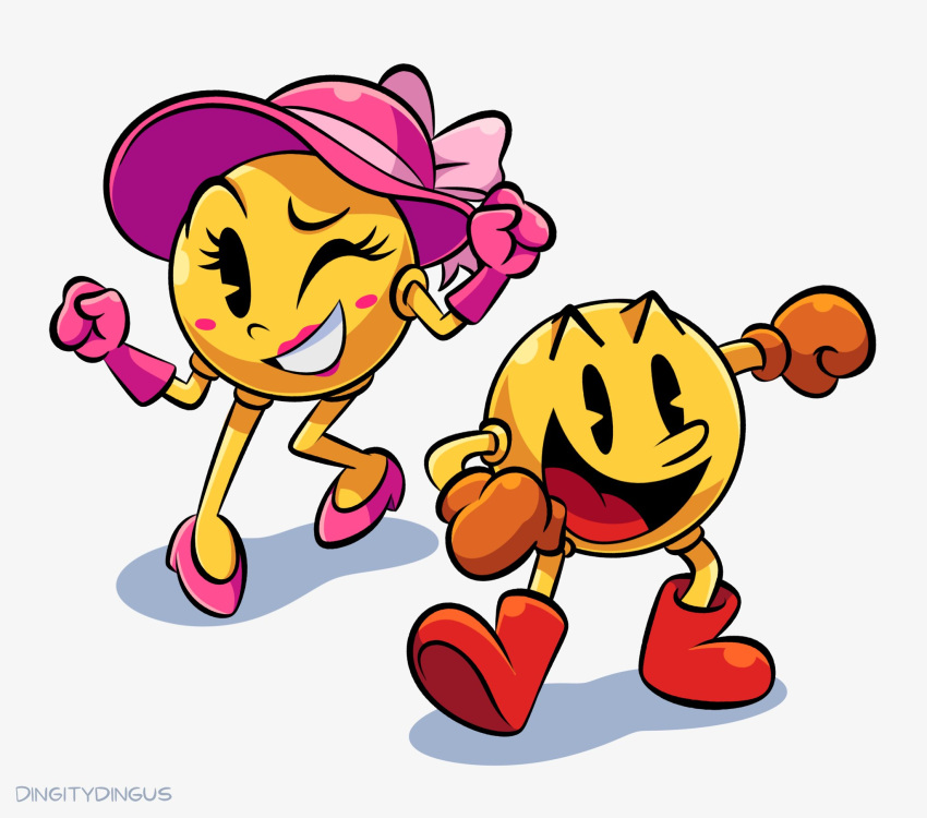 black_eyes blush clothing dingitydingus female hat headgear headwear hi_res lips male not_furry one_eye_closed open_mouth pac-man pac-man_(series) pac-mom pink_lips romantic romantic_couple signature simple_background smile video_games waddling_head white_background wink yellow_body yellow_skin
