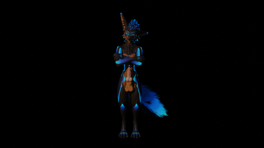 animal_genitalia animal_penis anthro bedroom_eyes bioluminescence black_background blender_(software) blender_cycles blue_body blue_fur canine_penis crossed_arms dominant fluffy fluffy_tail fur genitals glowing hi_res intimidation kaminofox looking_at_viewer male narrowed_eyes penis rexouium seductive simple_background solo