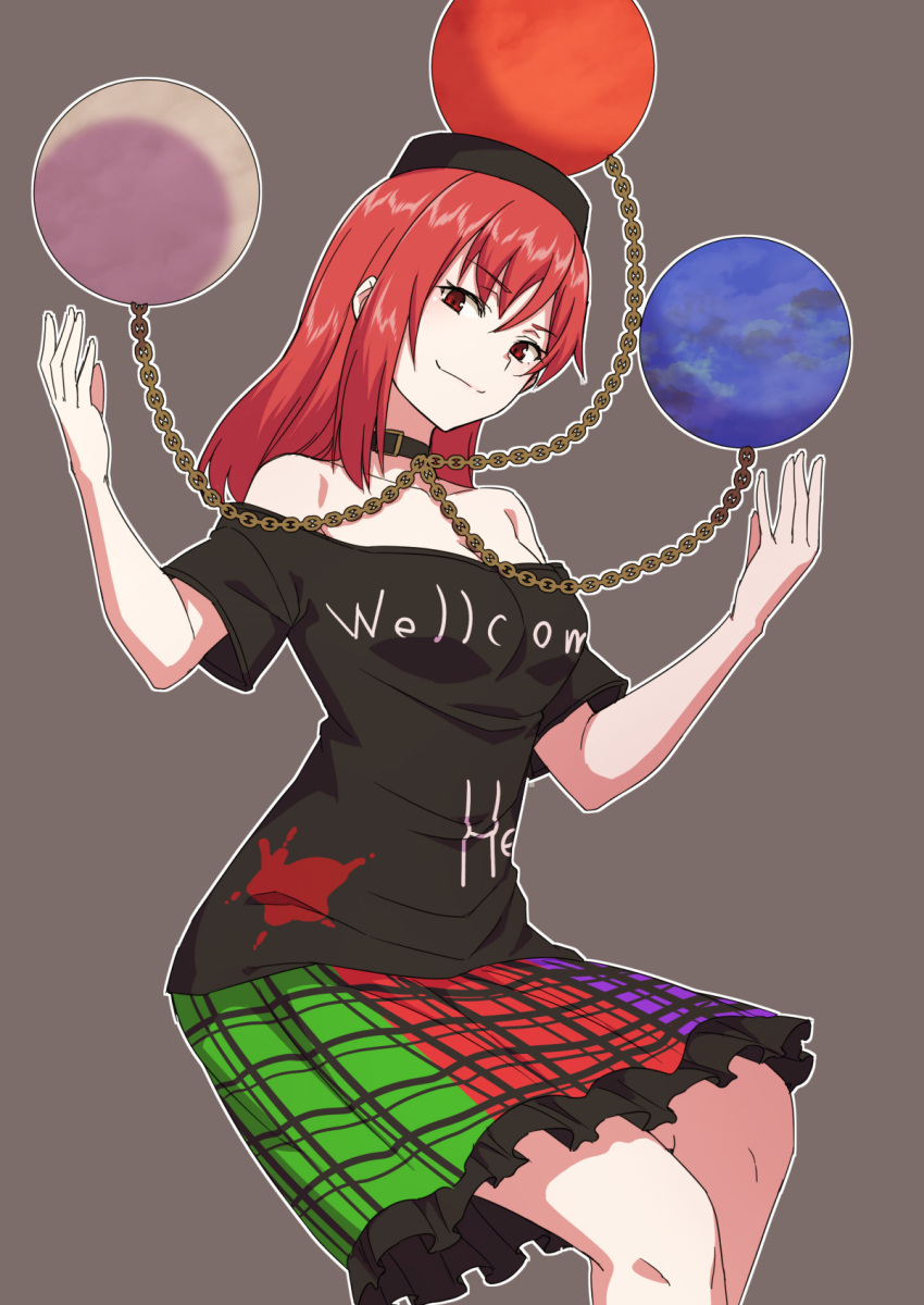 1girl bangs black_choker chain choker closed_mouth clothes_writing earth_(ornament) grey_background heart hecatia_lapislazuli highres kakone looking_at_viewer medium_hair moon_(ornament) multicolored_clothes multicolored_skirt off-shoulder_shirt off_shoulder one-hour_drawing_challenge plaid plaid_skirt polos_crown red_eyes red_hair shirt simple_background skirt smile solo t-shirt touhou