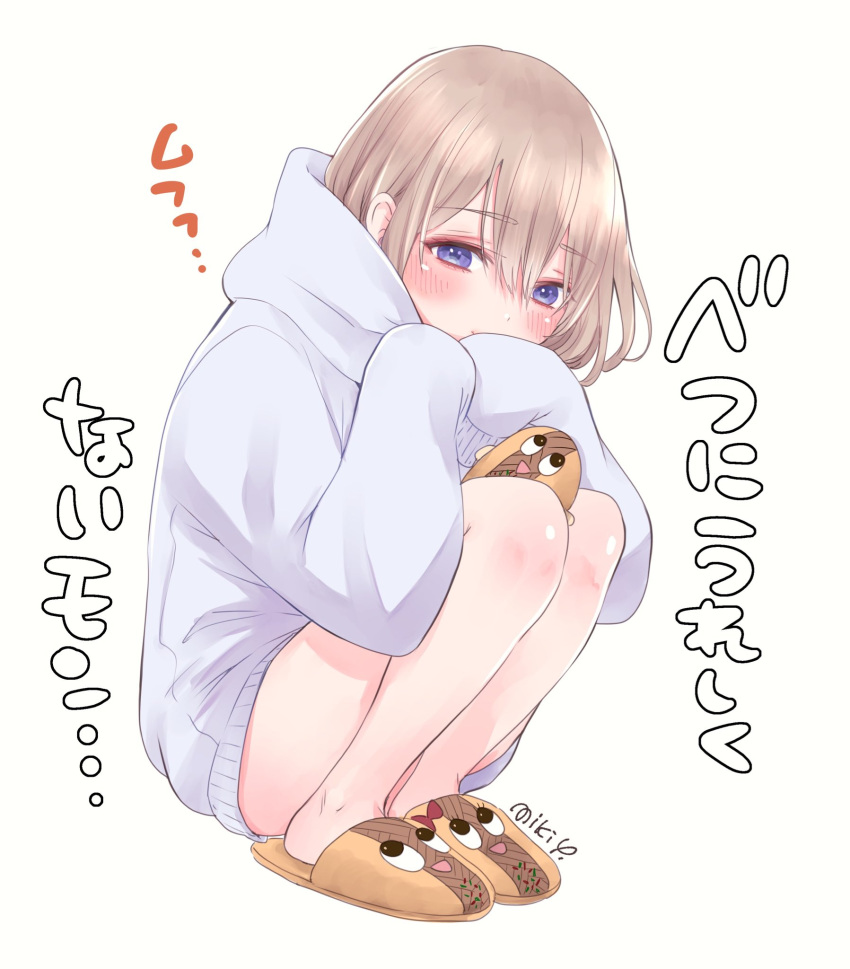 1girl bare_legs blonde_hair blush covered_mouth food from_above half-closed_eyes highres hood hooded_jacket jacket kakkou_no_iinazuke light_blue_jacket official_art popsicle pout purple_eyes short_hair signature simple_background slippers solo squatting stuffed_toy toes umino_sachi_(kakkou_no_iinazuke) white_background yakisobapan yoshikawa_miki