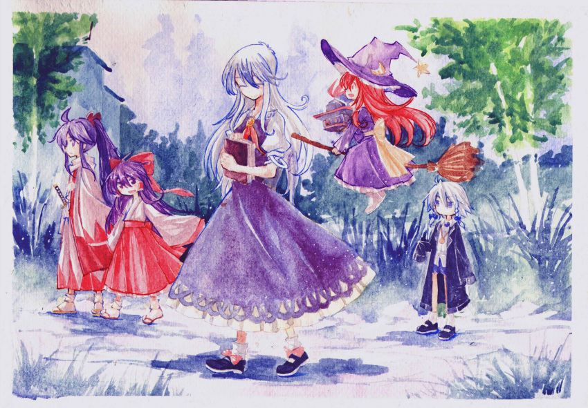 5girls absurdres ahoge alternate_costume back_bow bangs black_coat black_footwear blue_eyes blue_shorts bobby_socks book border bow braid brooch broom broom_riding child chinese_commentary closed_eyes closed_mouth coat commentary_request crescent crescent_hat_ornament day dress female_child floating_hair footwear_bow from_side grass grey_hair hair_between_eyes hair_bow hair_ribbon hair_tubes hakama hakama_skirt hakurei_reimu hakurei_reimu_(pc-98) hat hat_ornament headwear_removed highres holding holding_book holding_clothes holding_hat izayoi_sakuya japanese_clothes jewelry kamishirasawa_keine katana kimono kirisame_marisa kirisame_marisa_(pc-98) ko_kita long_dress long_hair long_skirt long_sleeves looking_at_viewer looking_away mary_janes meira_(touhou) multiple_girls neckerchief open_mouth outdoors painting_(medium) pink_bow pom_pom_(clothes) ponytail puffy_short_sleeves puffy_sleeves purple_dress purple_eyes purple_hair purple_headwear red_bow red_eyes red_hair red_hakama red_kimono red_neckerchief red_skirt ribbon sandals sheath sheathed shirt shoes short_hair short_sleeves shorts sidelocks skirt sleeveless sleeveless_dress sleeves_past_fingers sleeves_past_wrists smile socks standing star_(symbol) star_hat_ornament sword tabi touhou touhou_(pc-98) traditional_media tree tress_ribbon twin_braids two-tone_kimono very_long_hair walking watercolor_(medium) weapon white_border white_footwear white_hair white_kimono white_legwear white_shirt wide_shot wide_sleeves witch witch_hat yellow_bow younger zouri
