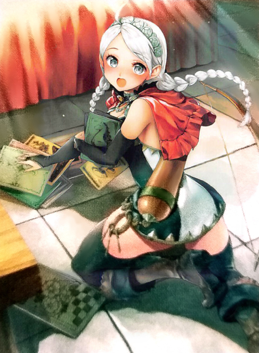 1girl ahoge bangs bare_shoulders black_legwear blush boots bow_(weapon) braid bridal_gauntlets buttons capelet fire_emblem fire_emblem_cipher fire_emblem_fates genki_kuno grey_shirt hairband highres hood hood_down hooded_capelet indoors long_hair looking_at_viewer nina_(fire_emblem) official_alternate_costume official_art open_mouth parted_bangs pile_of_books quiver red_hood shirt thighhighs third-party_source tile_floor tiles twin_braids weapon white_hair white_hairband