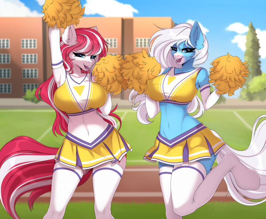 2022 absurd_res anthro armwear cheerleader cherry_pop clothed clothing cloud detailed_background digital_media_(artwork) duo equid equine fan_character female hasbro hi_res icy_heart kuroran looking_at_viewer mammal my_little_pony open_mouth outside pom_poms