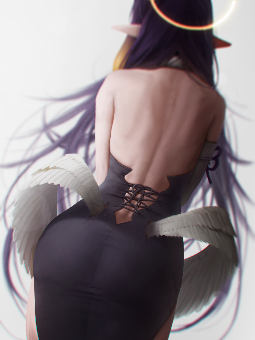 1girl absurdres ass back backless_dress backless_outfit black_dress blonde_hair cowboy_shot detached_sleeves dress facing_away hair_over_shoulder halo highres hololive hololive_english leaning_forward long_hair low_wings multicolored_hair ninomae_ina'nis numanoan pointy_ears purple_hair simple_background single_detached_sleeve solo standing streaked_hair very_long_hair virtual_youtuber white_background white_wings wings