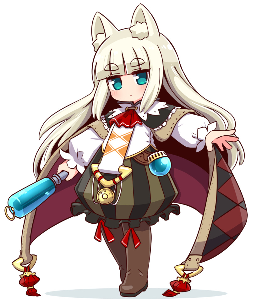 1girl 7th_dragon 7th_dragon_(series) animal_ear_fluff animal_ears bangs black_cloak blunt_bangs blush boots brown_footwear chibi cloak closed_mouth frilled_skirt frills full_body grey_hair highres holding ikurakun_(7th_dragon) long_hair long_sleeves mage_(7th_dragon) naga_u puffy_long_sleeves puffy_sleeves shadow shirt short_eyebrows simple_background skirt solo standing striped striped_skirt thick_eyebrows thigh_boots vertical-striped_skirt vertical_stripes very_long_hair white_background white_shirt