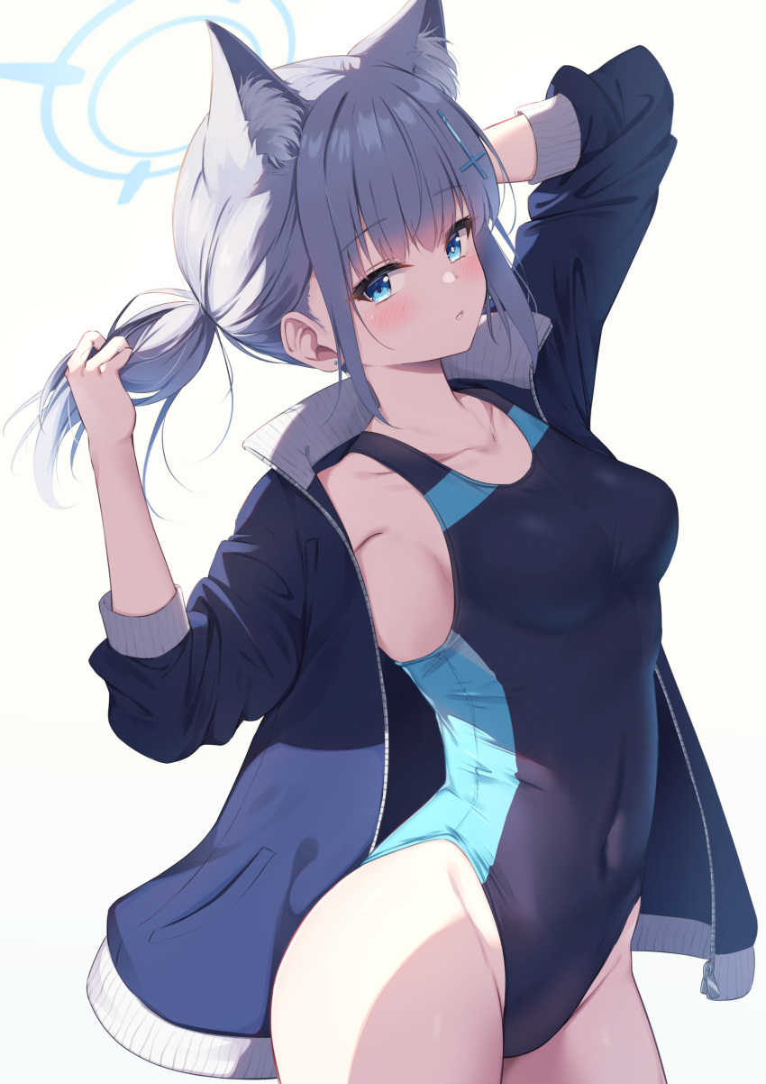 1girl animal_ear_fluff animal_ears arm_behind_head arm_up arms_up bangs bare_arms black_jacket blue_archive blue_eyes blue_swimsuit blush breasts cat_ears closed_mouth competition_swimsuit covered_navel cowboy_shot cross_hair_ornament grey_hair hair_ornament halo highleg highleg_swimsuit highres holding holding_hair jacket long_sleeves looking_at_viewer medium_breasts miso_(misomiso_154) one-piece_swimsuit open_clothes open_jacket parted_lips ponytail shiroko_(blue_archive) shiroko_(swimsuit)_(blue_archive) sidelocks simple_background solo standing swimsuit thighs two-tone_swimsuit white_background