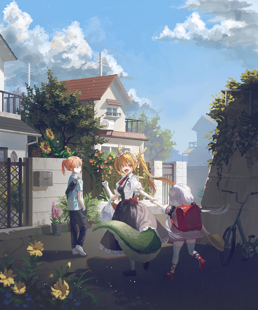 3girls backpack bag bicycle blonde_hair cloud cloudy_sky dragon_girl fajyobore flower ground_vehicle hands_in_pockets hat hat_removed headwear_removed highres holding_hands horns kanna_kamui kobayashi-san_chi_no_maidragon kobayashi_(maidragon) leek long_hair maid multiple_girls outdoors plant ponytail red_hair scales short_hair sky sunflower tail thighhighs tohru_(maidragon) white_hair yellow_flower