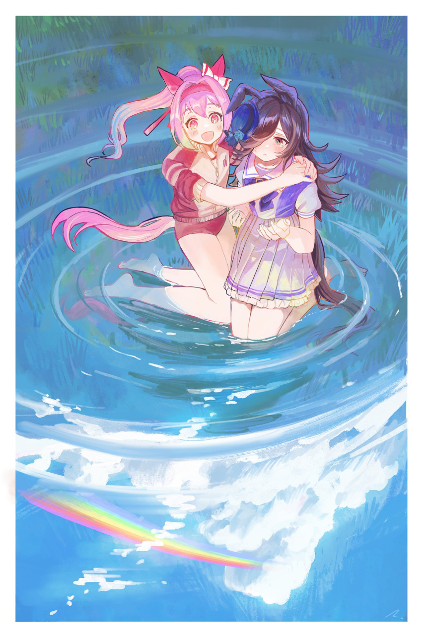 2girls animal_ears barefoot blush breasts buruma crying hair_over_one_eye hairband haru_urara_(umamusume) highres horse_ears horse_girl horse_tail huge_breasts jacket kneeling long_hair looking_down multiple_girls open_mouth partially_submerged pink_hair ponytail puffy_short_sleeves puffy_sleeves rainbow red_jacket reflection reflective_water rice_shower_(umamusume) rosette_(roze-ko) school_uniform short_sleeves skirt sleeves_rolled_up smile tail tearing_up tears tracen_school_uniform track_jacket umamusume water white_skirt