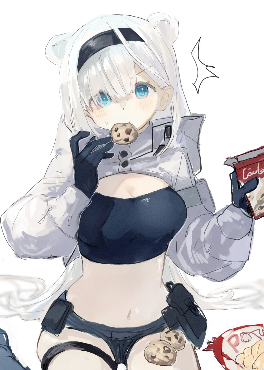 1girl absurdres animal_ears arknights aurora_(arknights) bear_ears black_gloves blue_eyes breasts chips cleavage cookie crop_top food food_in_mouth gloves hairband highres long_hair midriff mkmk_osakanakun navel potato_chips short_shorts shorts shrug_(clothing) surprised white_background white_hair
