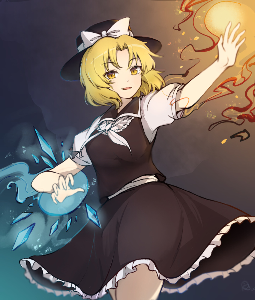 1girl bangs black_headwear black_skirt black_vest blonde_hair bow breasts collared_vest commentary_request cowboy_shot fedora fire frilled_skirt frills hat hat_bow highres ice neckerchief open_mouth parted_bangs parted_lips shirt shishui_guima short_hair skirt small_breasts solo touhou touhou_(pc-98) vest white_bow white_neckerchief white_shirt yellow_eyes yuki_(touhou)