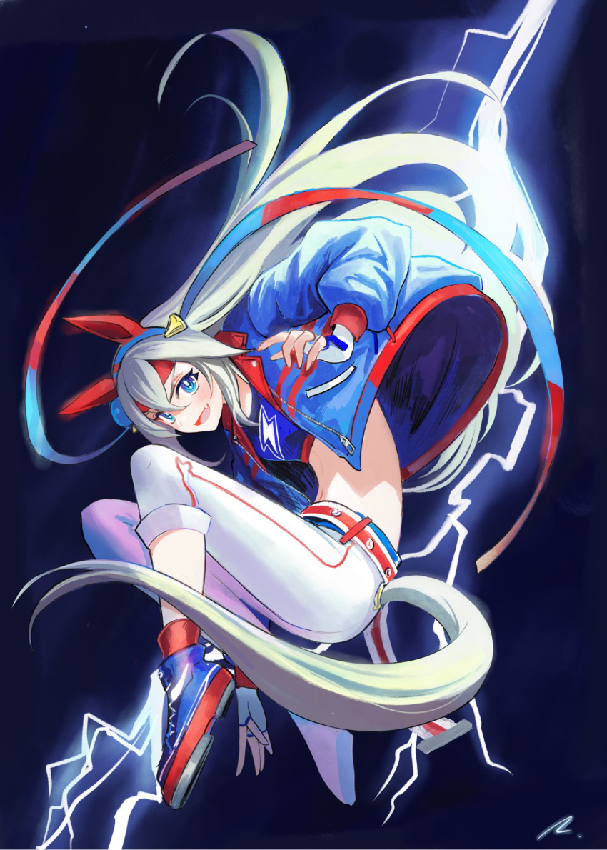 1girl animal_ears bangs belt blue_eyes blue_jacket blue_shirt crop_top fingerless_gloves full_body gloves grey_hair hairband headband highres horse_ears horse_girl horse_tail jacket lightning long_hair long_sleeves looking_at_viewer midriff navel open_clothes open_jacket open_mouth pants rosette_(roze-ko) shirt shoes signature smile sneakers solo tail tamamo_cross_(umamusume) umamusume white_gloves white_pants