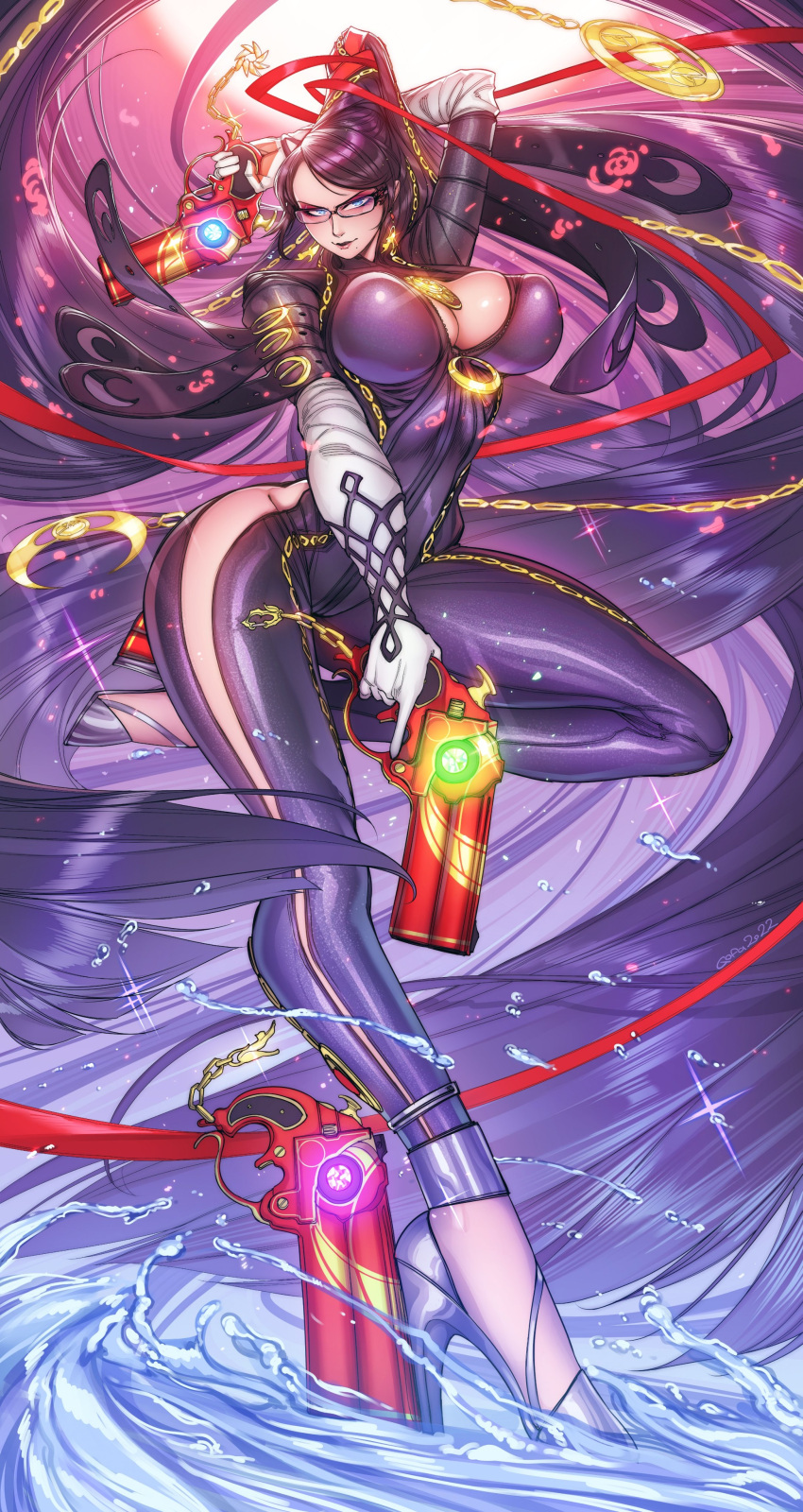 1girl absurdly_long_hair absurdres amulet ankle_gun bangs bayonetta bayonetta_(series) bayonetta_1 beehive_hairdo bodysuit breasts cleavage_cutout clothing_cutout eyeliner eyeshadow gem glasses glowing gofa highres impossible_bodysuit impossible_clothes large_breasts leg_up lipstick long_hair looking_at_viewer makeup mole mole_under_mouth quadruple_wielding shiny shiny_clothes skin_tight smile solo very_long_hair water weapon