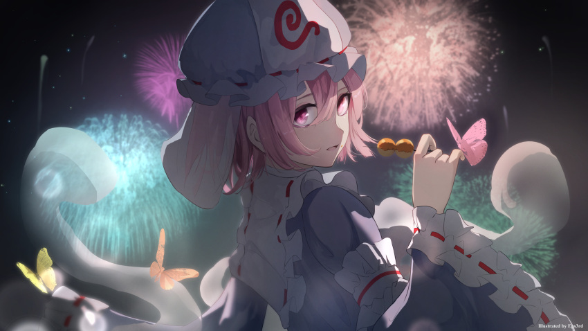 1girl absurdres aerial_fireworks blue_headwear blue_kimono bug butterfly butterfly_on_hand commentary eps3rd fireworks food food_on_face frilled_sleeves frills from_side ghost hair_between_eyes hand_up hat highres holding holding_food japanese_clothes kimono looking_at_viewer looking_to_the_side medium_hair mob_cap night orange_butterfly parted_lips pink_butterfly pink_eyes pink_hair ribbon-trimmed_sleeves ribbon_trim saigyouji_yuyuko solo touhou triangular_headpiece upper_body veil wide_sleeves yellow_butterfly