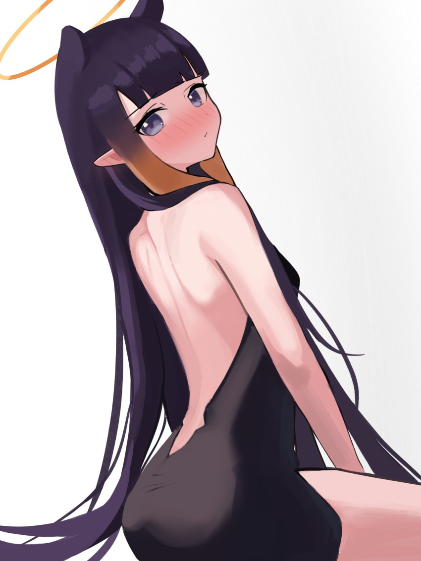 1girl back backless_dress backless_outfit bangs bare_arms bare_shoulders blunt_bangs blush dress english_commentary from_behind gradient_hair halo head_tilt highres hololive hololive_english long_hair looking_at_viewer multicolored_hair ninomae_ina'nis orange_hair pointy_ears purple_dress purple_hair ryoya shoulder_blades simple_background sitting solo tentacle_hair very_long_hair virtual_youtuber white_background
