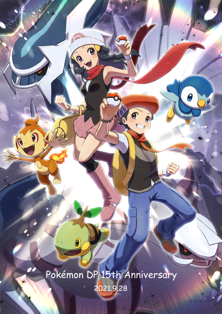 1boy 1girl :d anniversary bag beanie black_legwear boots bracelet chimchar commentary_request copyright_name dated dawn_(pokemon) dialga duffel_bag hat highres holding holding_poke_ball jewelry kneehighs lucas_(pokemon) mato. open_mouth palkia pants piplup poke_ball poke_ball_(basic) pokemon pokemon_(creature) pokemon_(game) pokemon_dppt red_scarf scarf shirt shoes skirt sleeveless sleeveless_shirt smile teeth tongue turtwig upper_teeth white_headwear yellow_bag