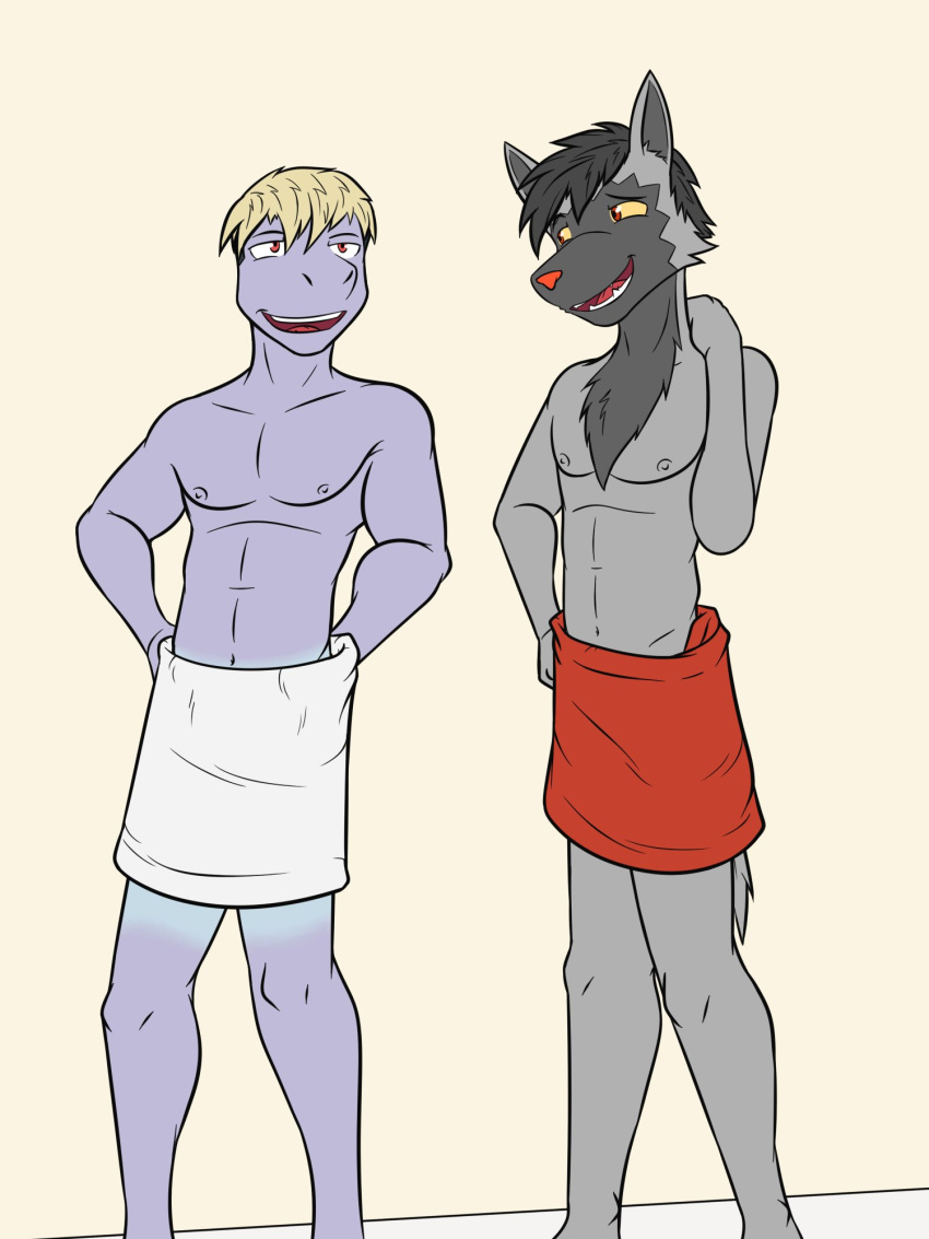 anthro anthrofied duo fuze hi_res looking_at_another machop male nintendo nipples pawl_(fuze) pok&eacute;mon pok&eacute;mon_(species) pok&eacute;morph poochyena suntan tan_line towel towel_around_waist towel_only video_games