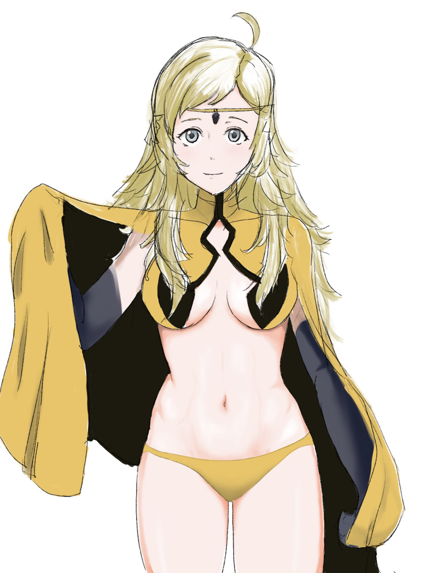 ahoge bangs blonde_hair breasts cape circlet closed_mouth fee fire_emblem fire_emblem_fates highres long_hair looking_at_viewer medium_breasts navel ophelia_(fire_emblem) panties parted_bangs solo turtleneck underwear upper_body yellow_panties