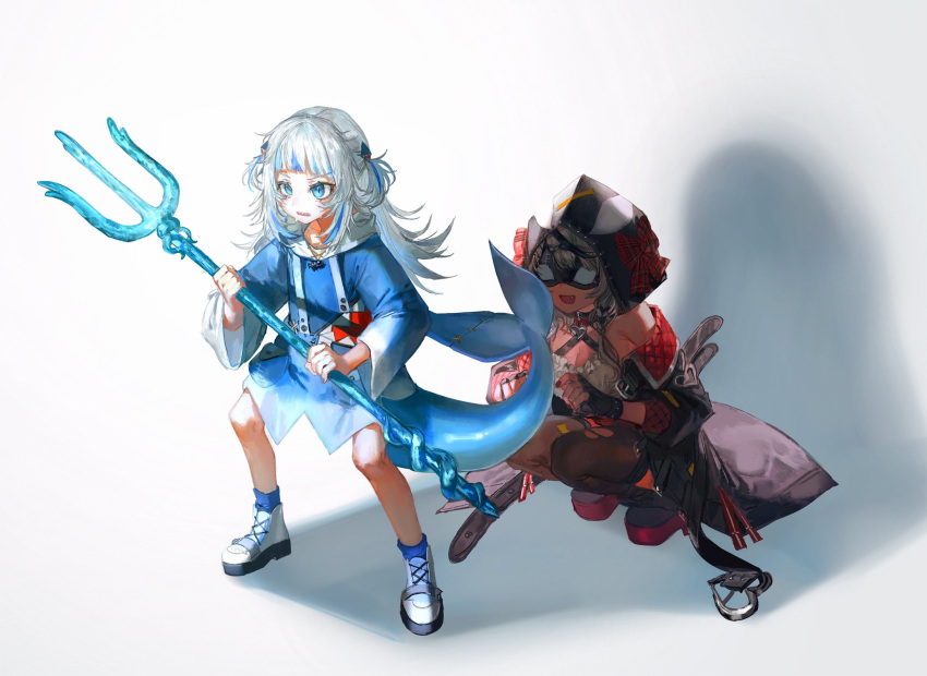 2girls :d bangs behind_another black_footwear black_gloves black_jacket blue_dress blue_eyes blue_hair blunt_bangs breasts cleavage dress eye_mask fang fingerless_gloves fish_tail full_body gawr_gura gloves highres holding holding_polearm holding_weapon hololive hololive_english hood hood_up jacket long_sleeves looking_at_another looking_away multiple_girls off_shoulder open_clothes open_jacket polearm quasarcake sakamata_chloe shark_tail sharp_teeth shirt shoes simple_background smile squatting standing tail teeth thighhighs torn_clothes torn_legwear trident two_side_up virtual_youtuber weapon white_background white_footwear white_hair white_shirt