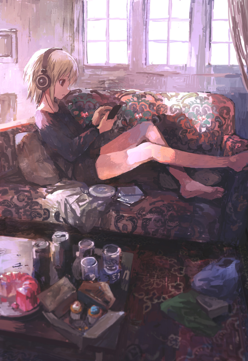 1girl alcohol bag bangs bare_legs barefoot black_shirt blonde_hair brown_eyes carpet cd cd_case cd_player couch curtains dessert drink floral_print food gelatin headphones highres long_sleeves lying open_mouth original phone pillow shirt short_hair solo sunlight table tokunaga_akimasa window