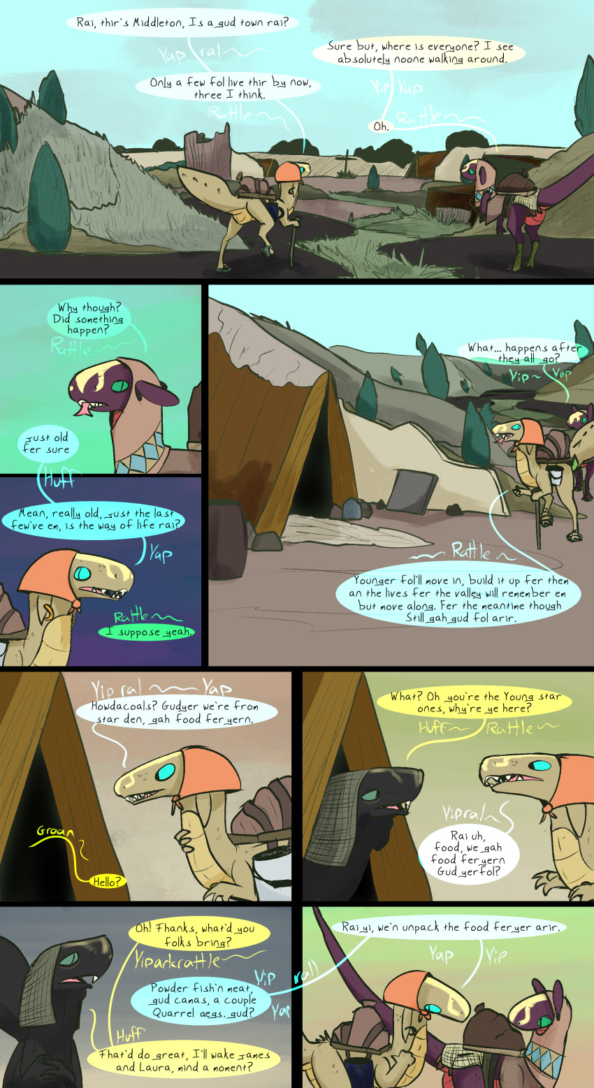 absurd_res comic desert dinosaur dragon dragonscape drekir dromaeosaurid female feral group hi_res male old oli_(thepatchedragon) post-apocalyptic pregnant reptile ruins scalie text thepatchedragon theropod tribal tribal_clothing