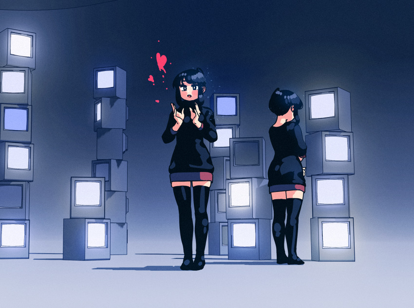1girl black_eyes black_hair black_legwear black_sweater bug butterfly commentary dual_persona english_commentary highres long_sleeves monitor noyemik open_mouth original pink_butterfly purple_skirt shadow sidelocks skirt sweater thighhighs zettai_ryouiki